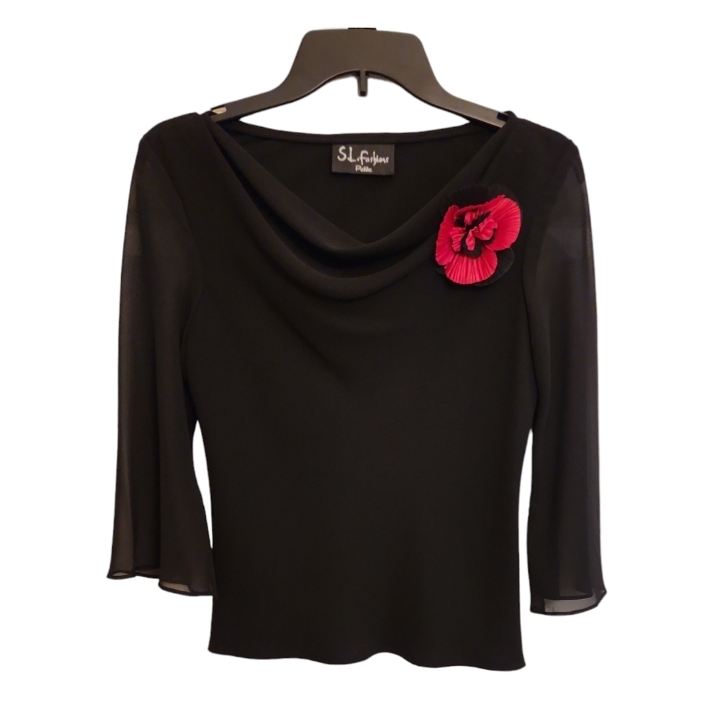 S.L.fashions Black Top With Flower Brooch Size Petite XS